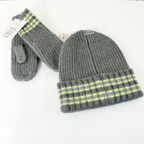 A NEW DAY gray yellow striped Beanie & Mittens Set NWT one size GIFT Winter - Picture 3 of 5
